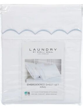 Laundry By Shelli Segal White Sheet Set with Light Blue Scalloped Embroidery